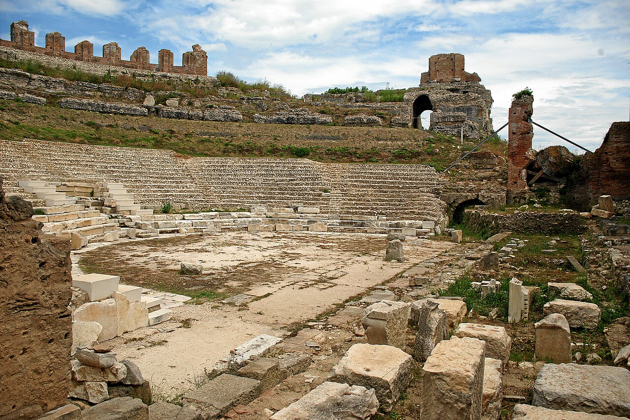 Roman theatre of ancient Nicopolis, with rows of stone seating